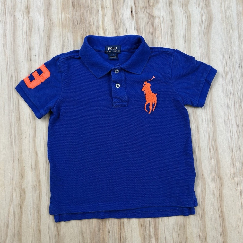 Polo Ralph Lauren Boys Big Pony #3 Blue Polo Orange Logo Short Sleeve Preppy